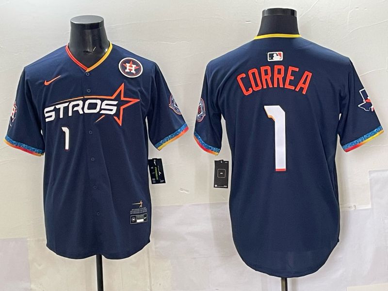Men 2025 Houston Astros 1 Correa Blue Four generations Joint Name Nike MLB Jersey style 05
